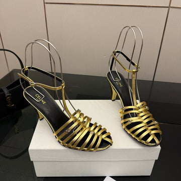 Cl Cage Heeled Sandal 9CM Gold Calfskin 725649
