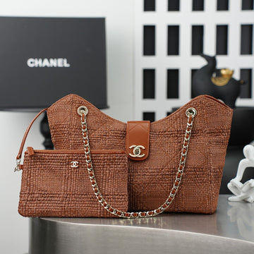 CC Shopping Bag 32CM Chocolate Braided Raffia