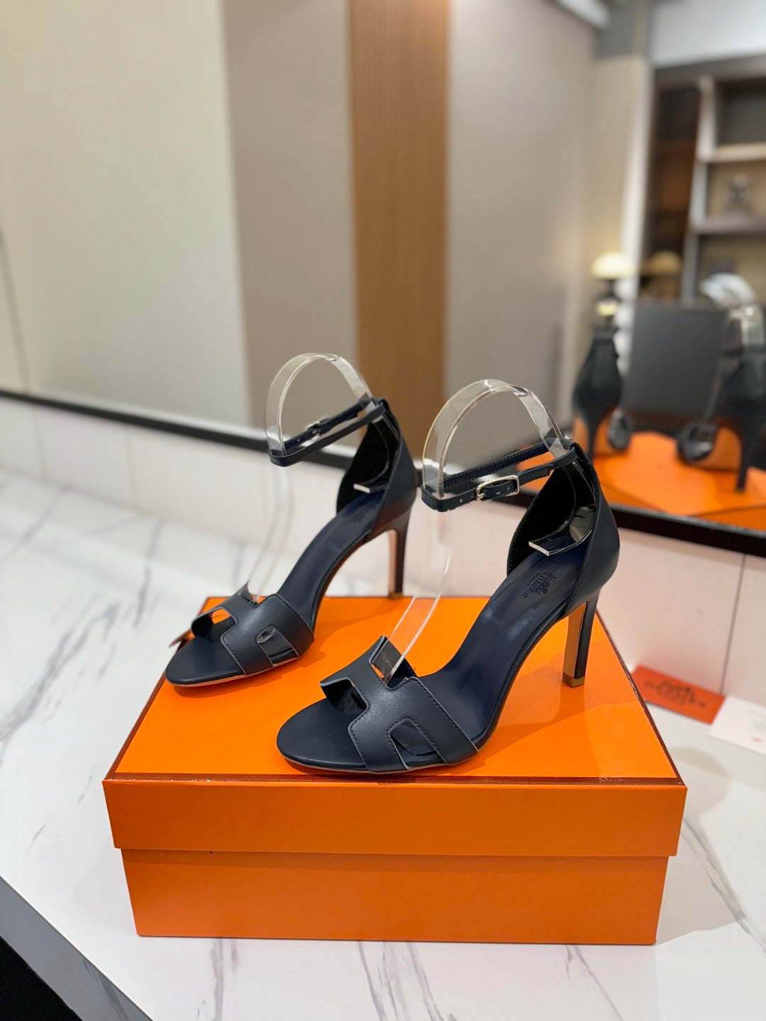 Hm Joy 90MM Heeled Sandals Navy Blue Flat Cowhide 294923