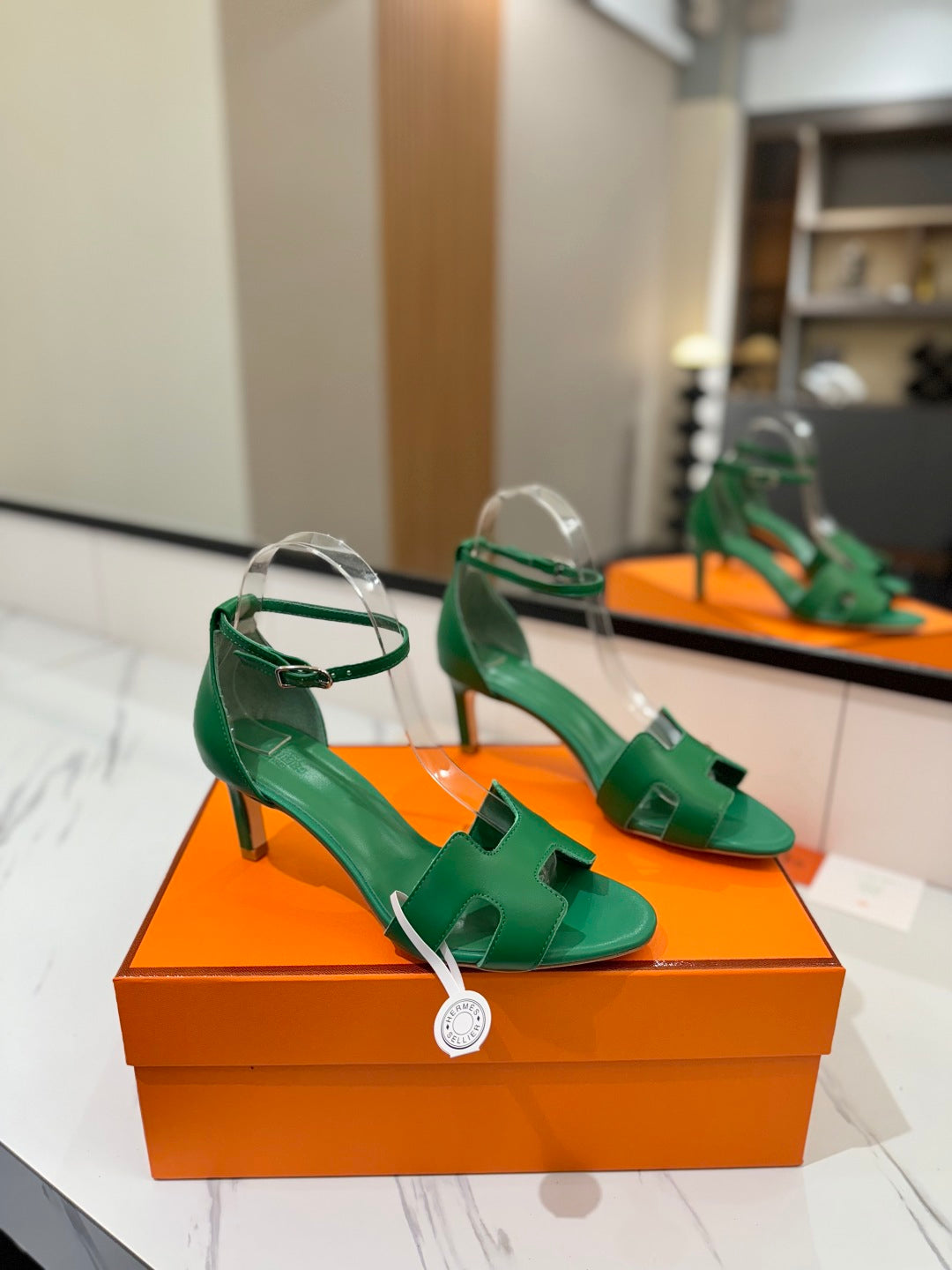 Hm Joy 65MM Heeled Sandals Green Flat Cowhide 294932