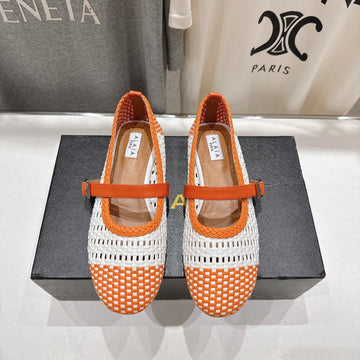 Alaïa Mary Jane Flats White Mix Orange Woven Calfskin Pattern