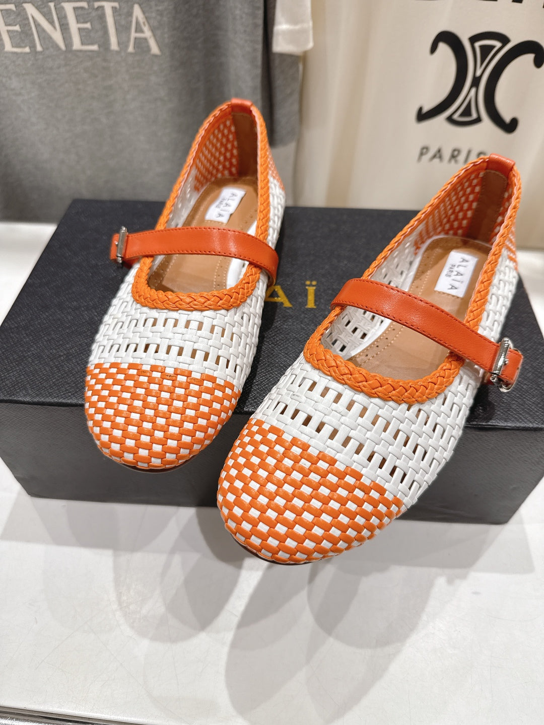 Alaïa Mary Jane Flats White Mix Orange Woven Calfskin Pattern