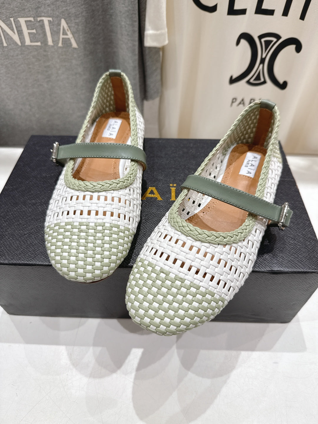 Alaïa Mary Jane Flats Soft Green And White Woven Calfskin Pattent