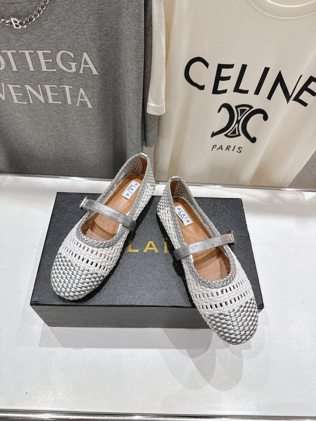 Alaïa Mary Jane Flats White Mix Gray Woven Calfskin Pattent