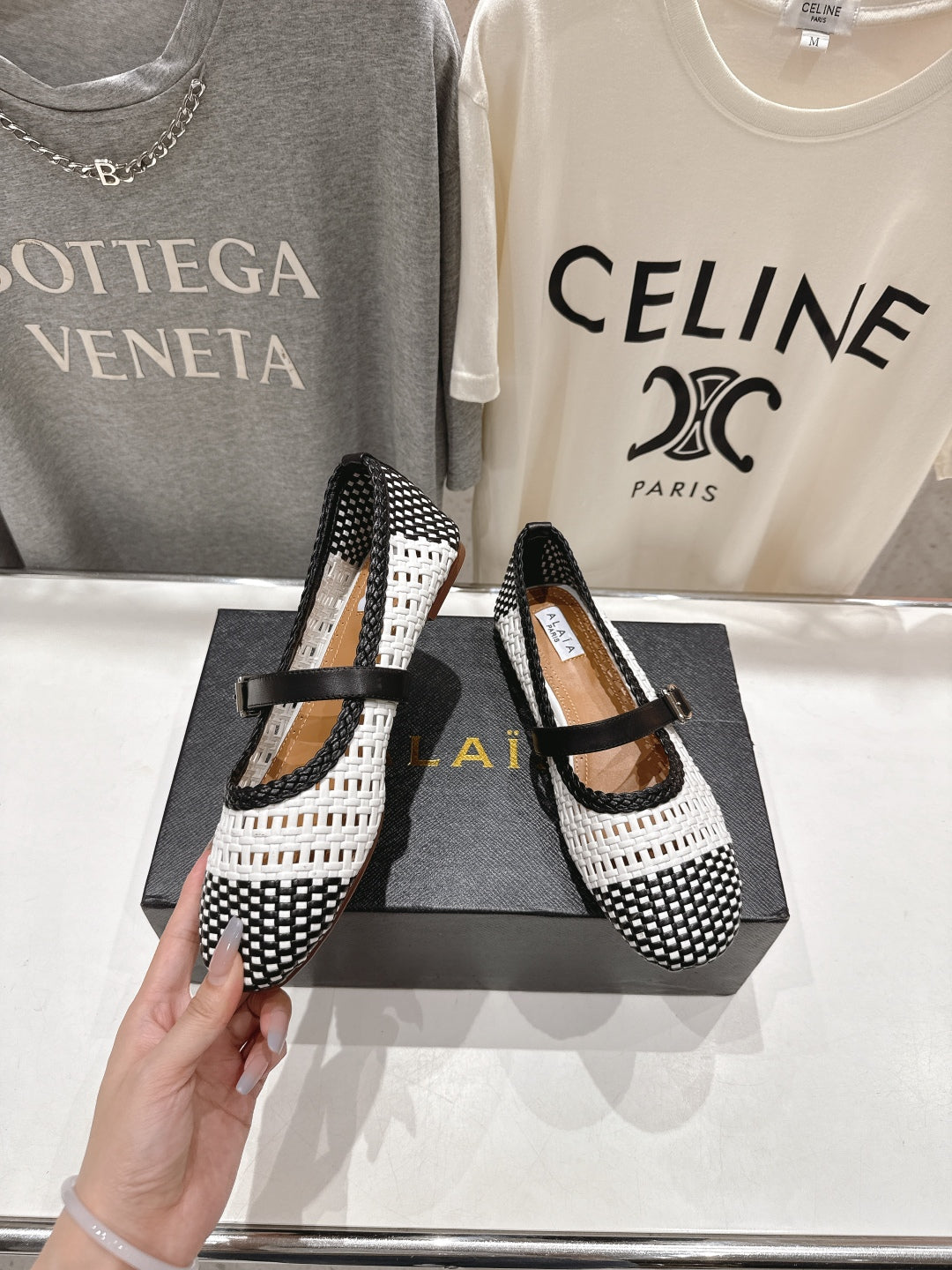 Alaïa Mary Jane Flats White Mix Black Woven Calfskin Pattent