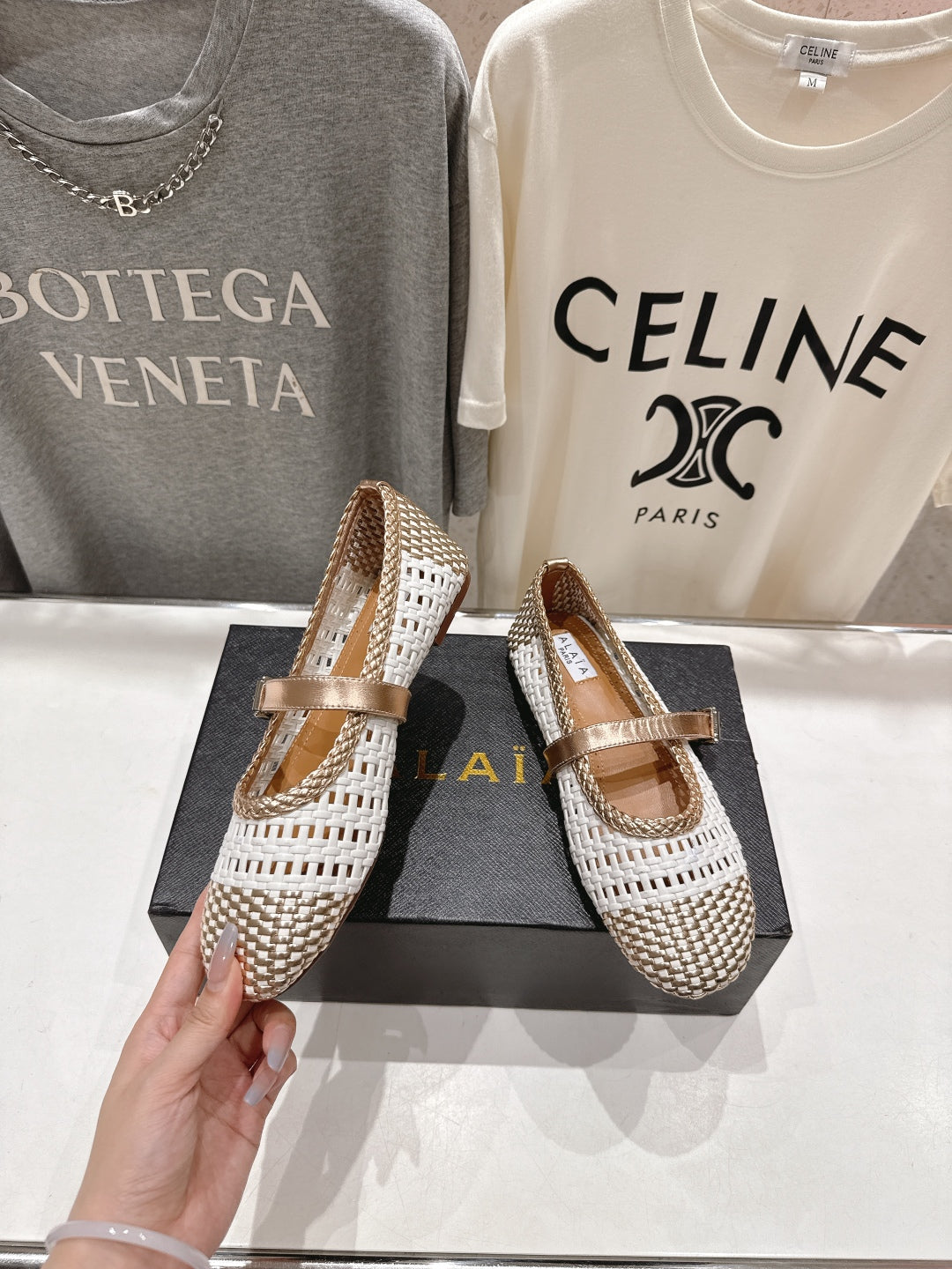 Alaïa Mary Jane Flats White Mix Metallic Champagne Gold Woven Calfskin Pattent