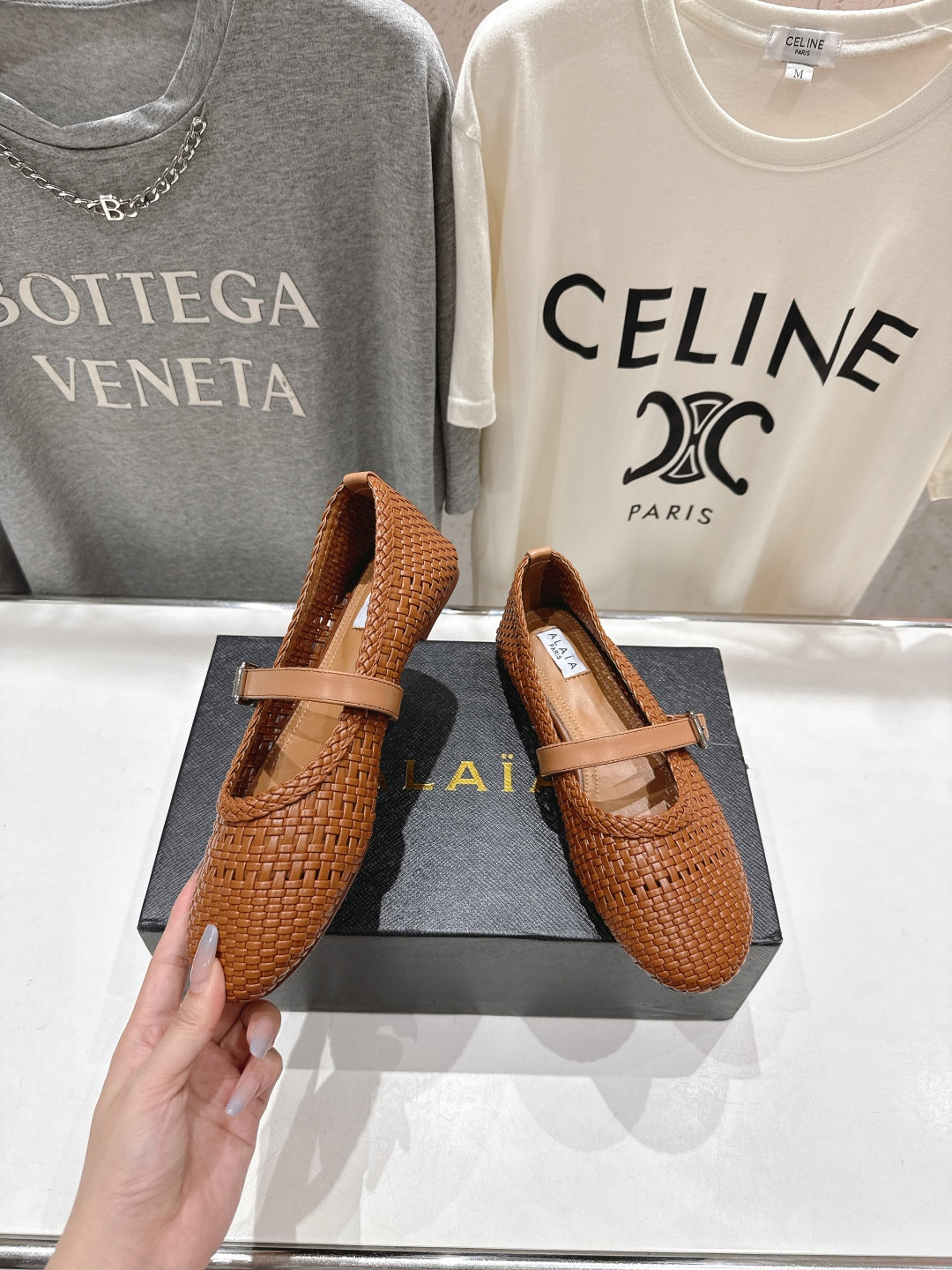 Alaïa Mary Jane Flats Brown Woven Calfskin Pattent