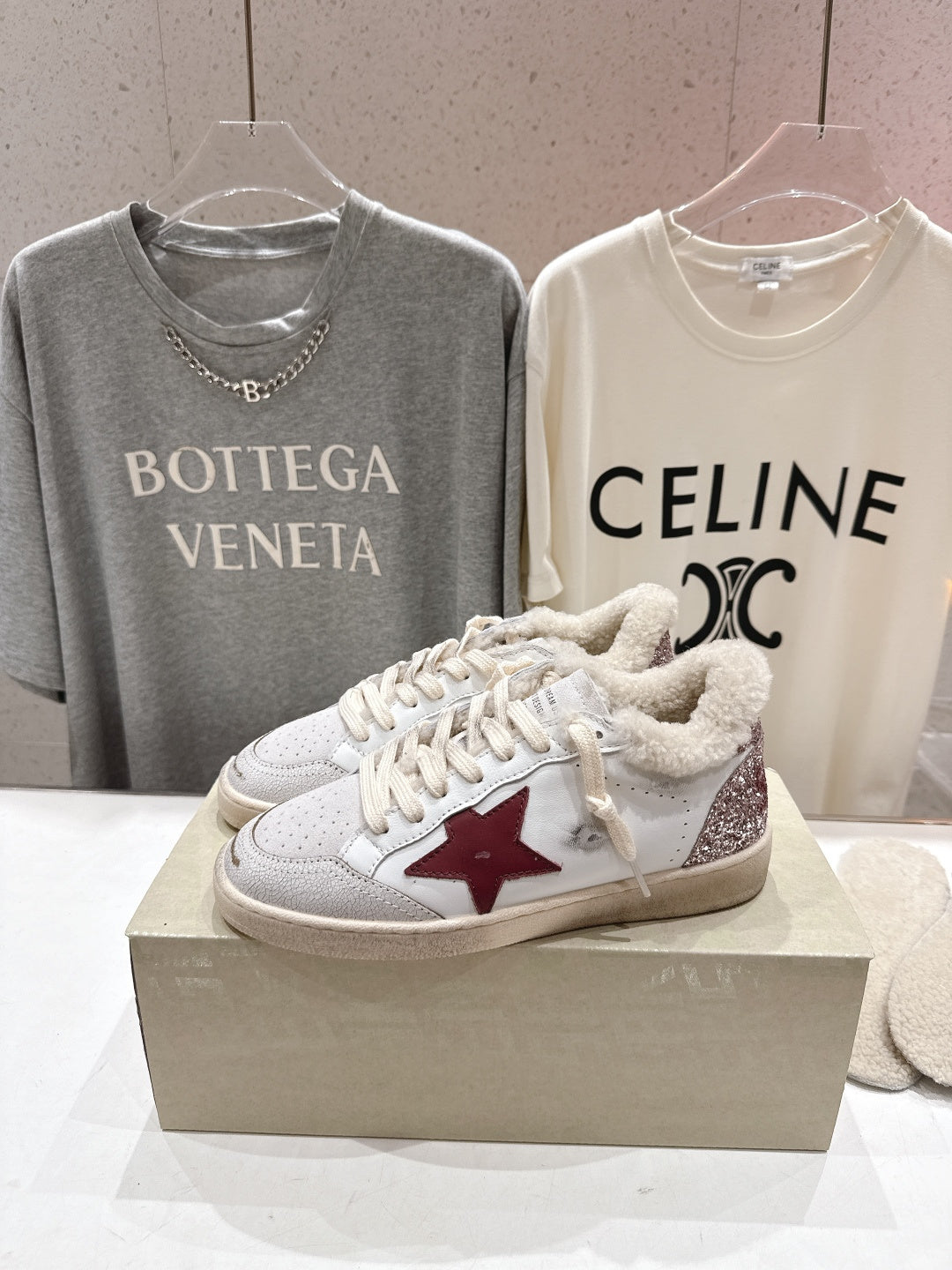 Golden Goose 2025 Wool-Lined Dirty Sneaker Ivory Mix Red Cowhide 491638