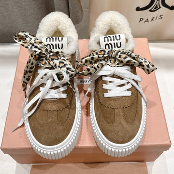 Miu Miu 25 Sneaker Brown White Leopard Suede Wool 535581