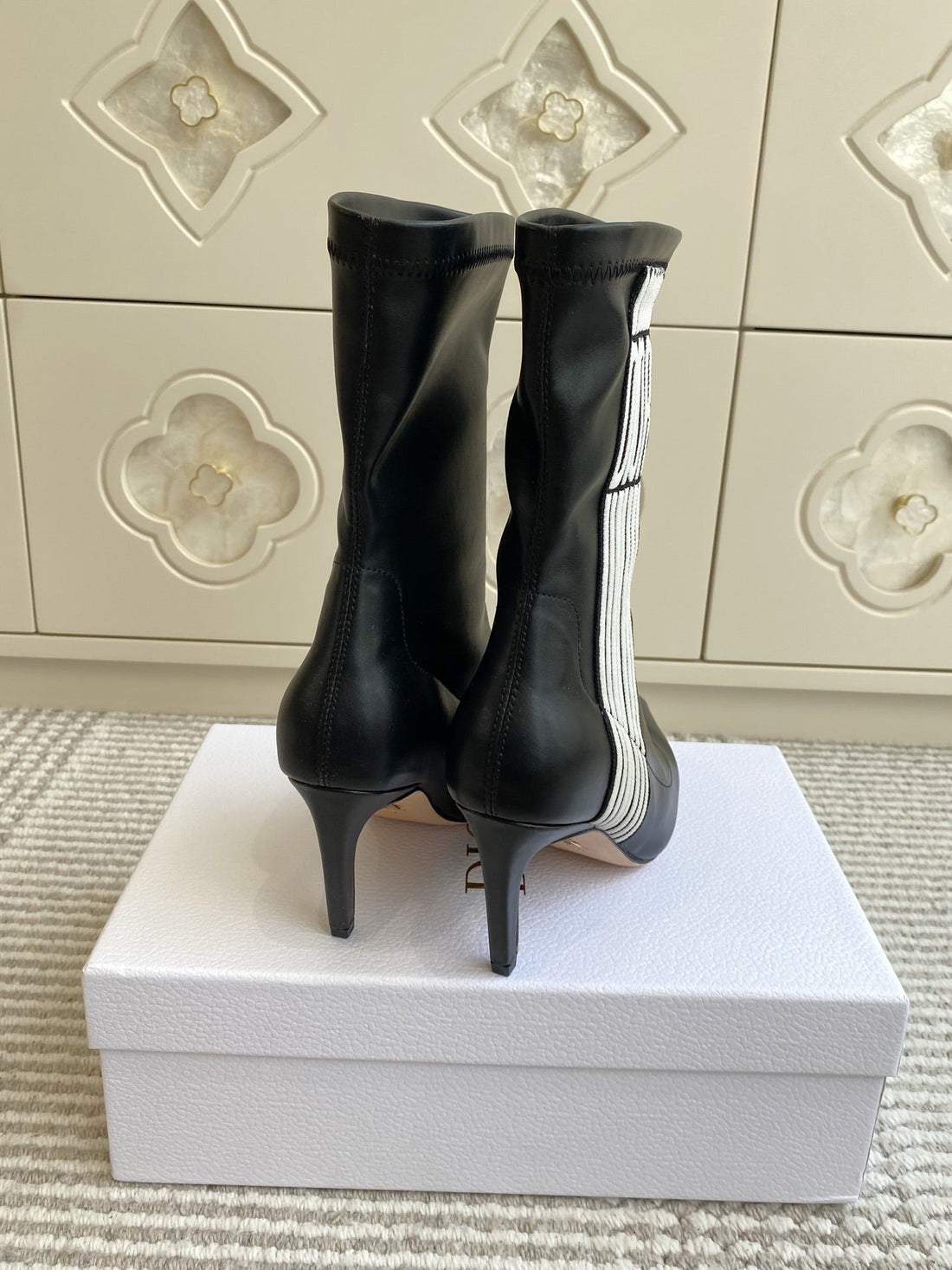 Dior 2025 Tribales Heeled Ankle Boot 80MM Black White Lambskin 501196