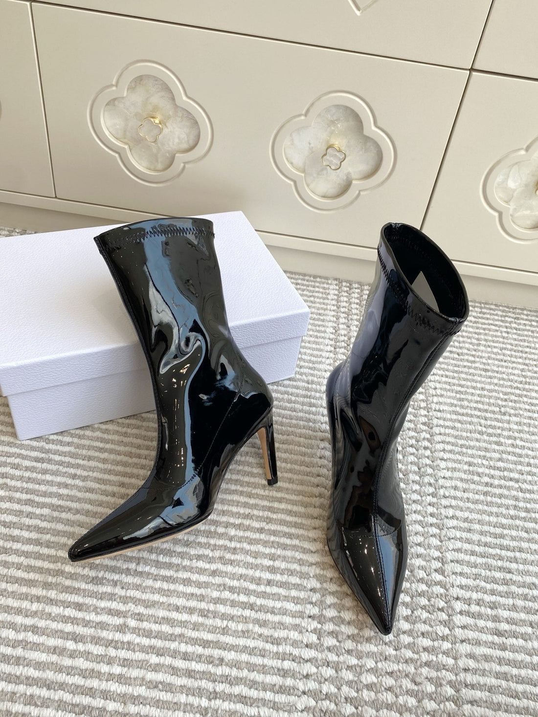 Dior 2025 Tribales Heeled Ankle Boot 80MM Black White Patent Leather 501197
