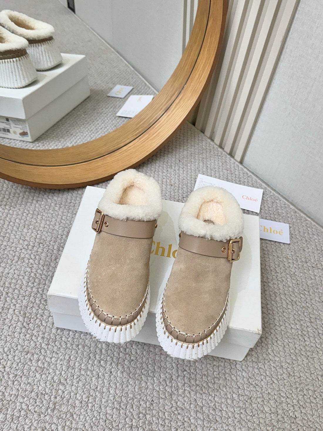 Chloé Nama Shearling-Lined Mule Beige Suede 528077