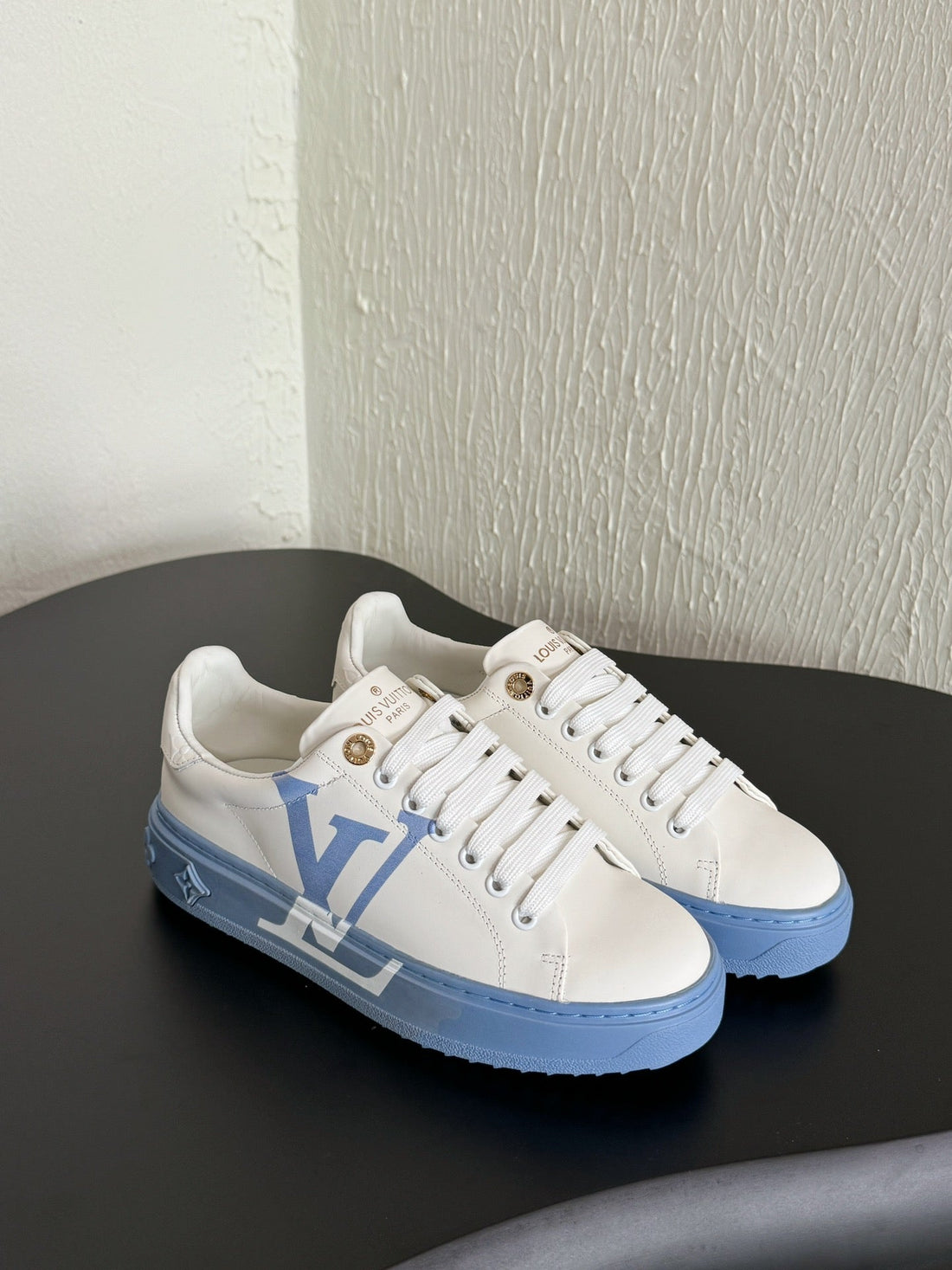 LV Sneakers Time Out Logo Print White Mix Light Blue Calfskin
