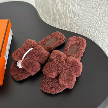 Hm Oran Sandal Dark Brown Red Wool Fleece 961014