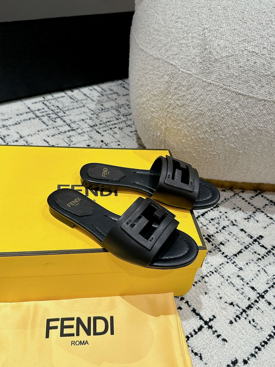 Ff Baguette Black Leather Slide