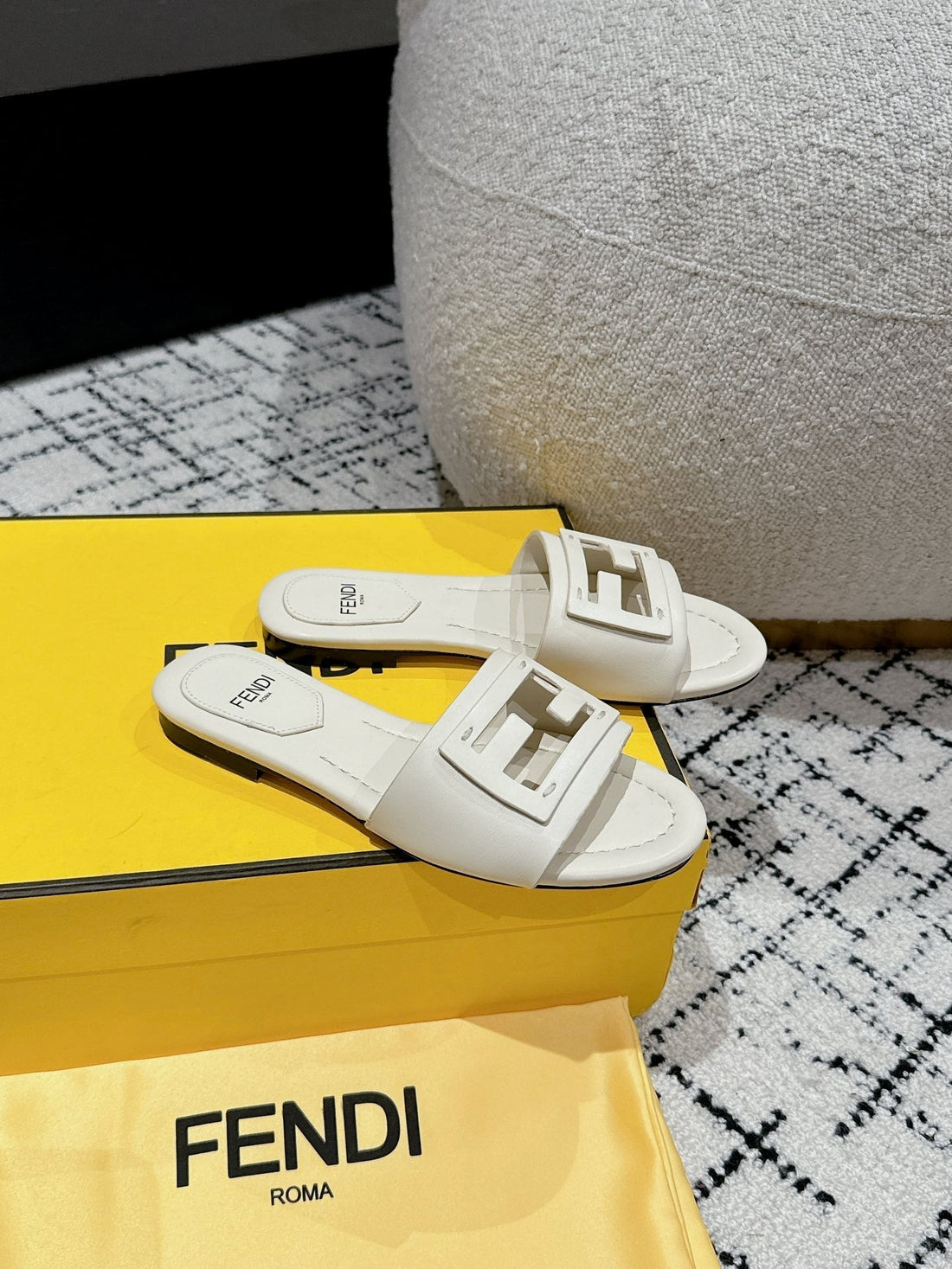 Ff Baguette Ivory Leather Slide