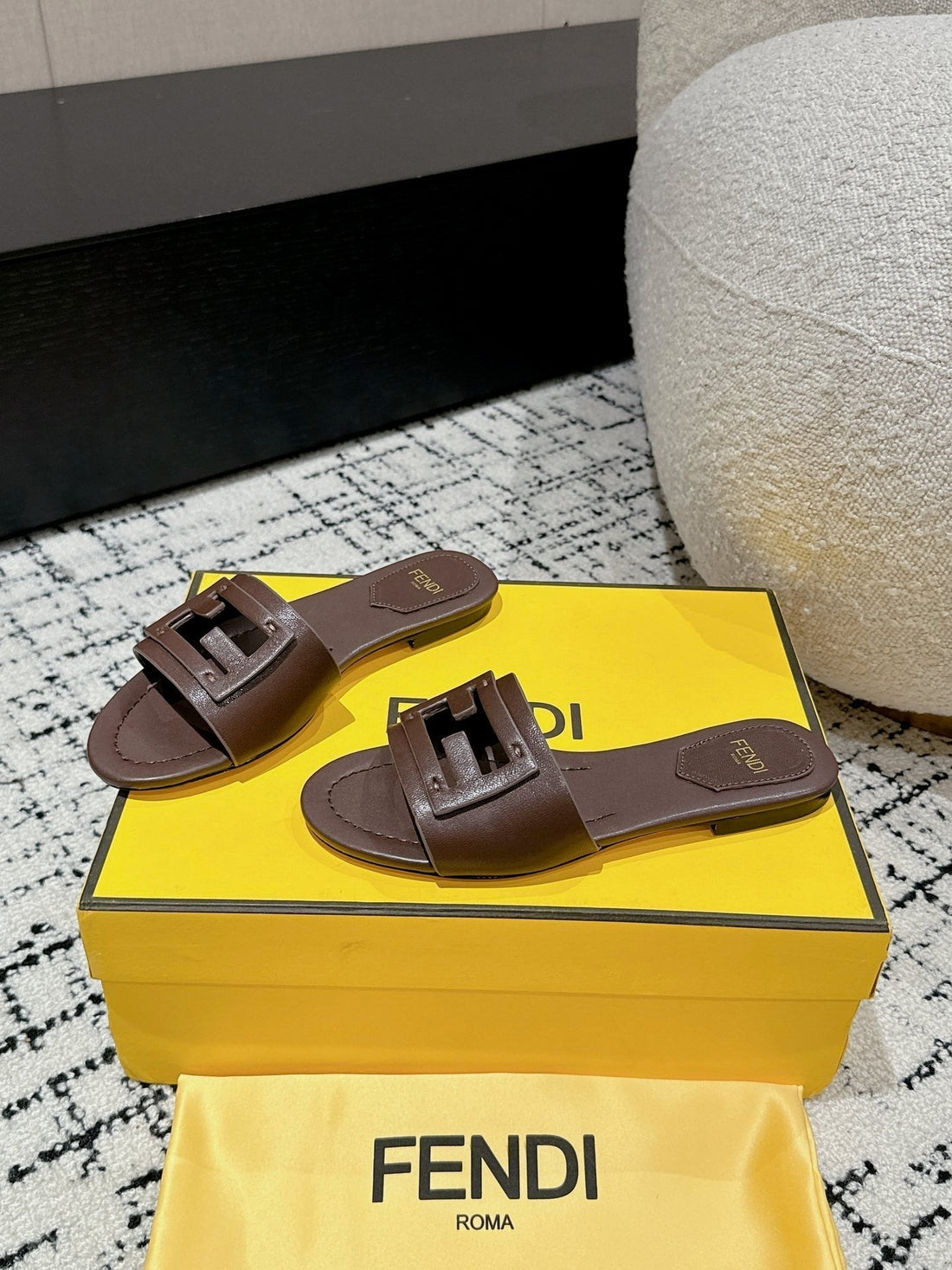 Ff Baguette Chocolate Leather Slide