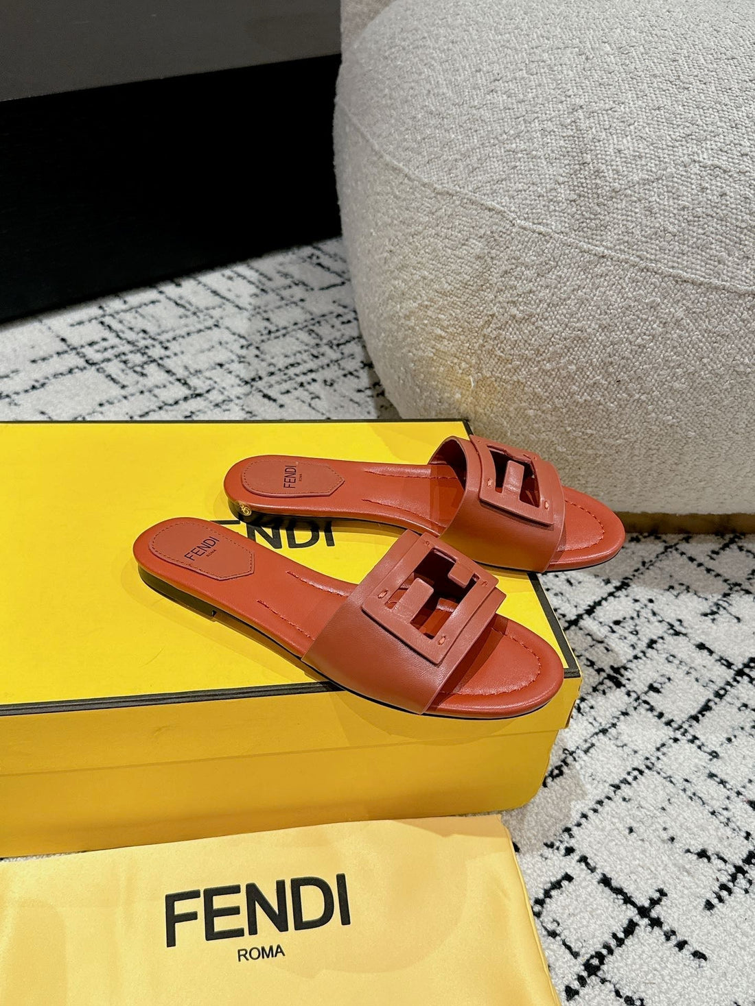 Ff Baguette Rust Leather Slide