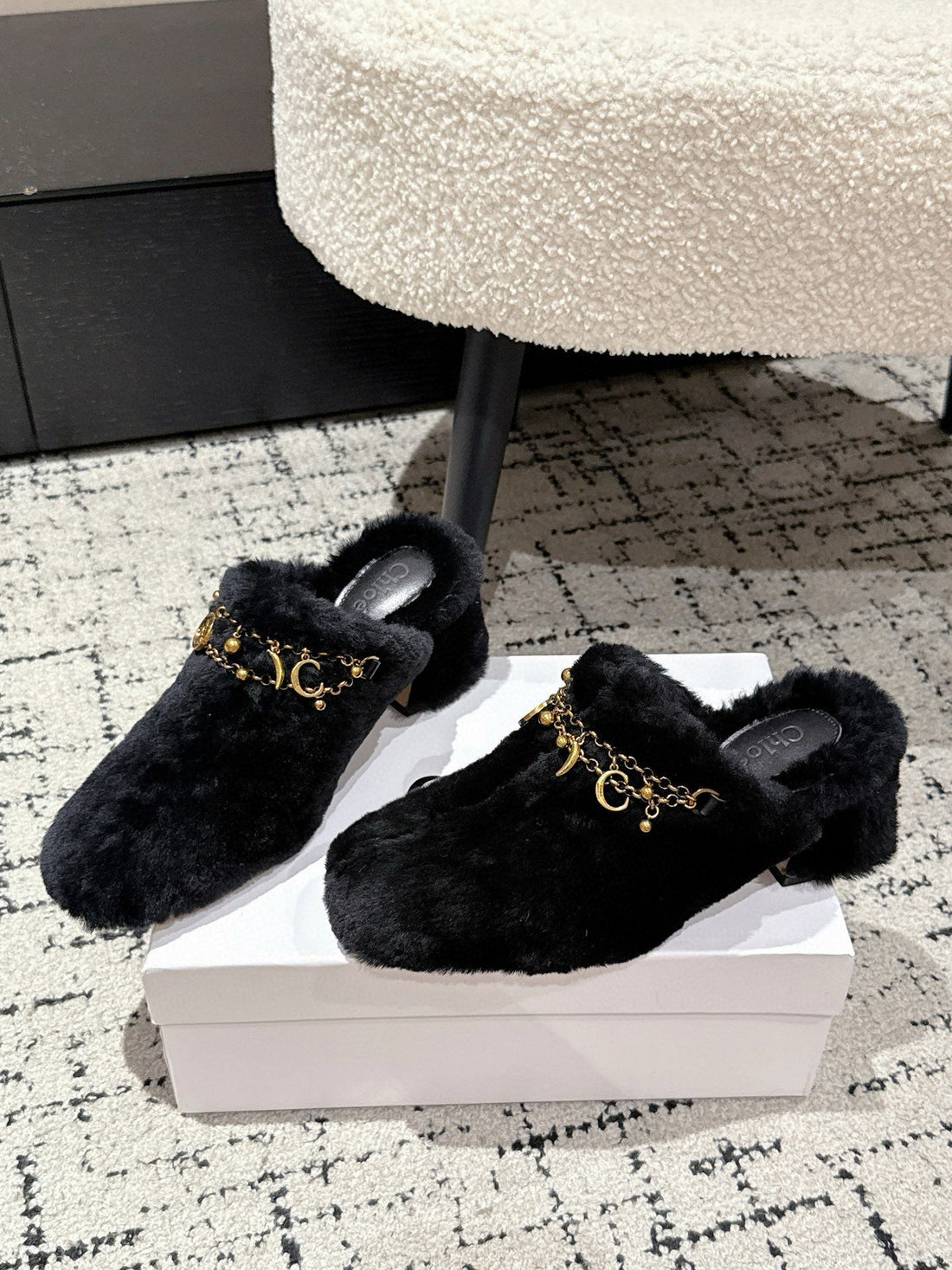 Chloé Covered Fur Slippers Black Wool 514327