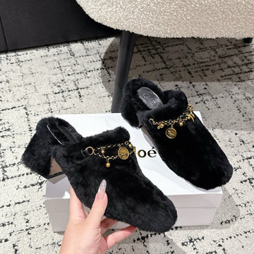 Chloé Covered Fur Slippers Black Wool 514327