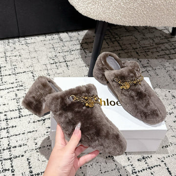 Chloé Covered Fur Slippers Dark Brown Wool 514329