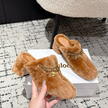Chloé Covered Fur Slippers Caramel Brown Wool 514330