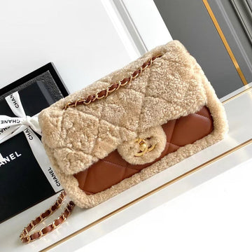 Medium Flap Bag 23 In Beige Wool And Ginger Orange Calfskin Gold Hardware