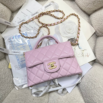 CC 25P Mini Flap Bag 20CM Top Handle Pink Calfskin Gold Hardware