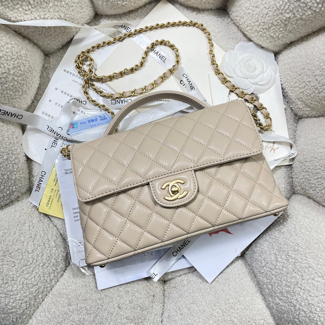 CC 25P Medium Flap Bag 25CM Top Handle Beige Calfskin Gold Hardware