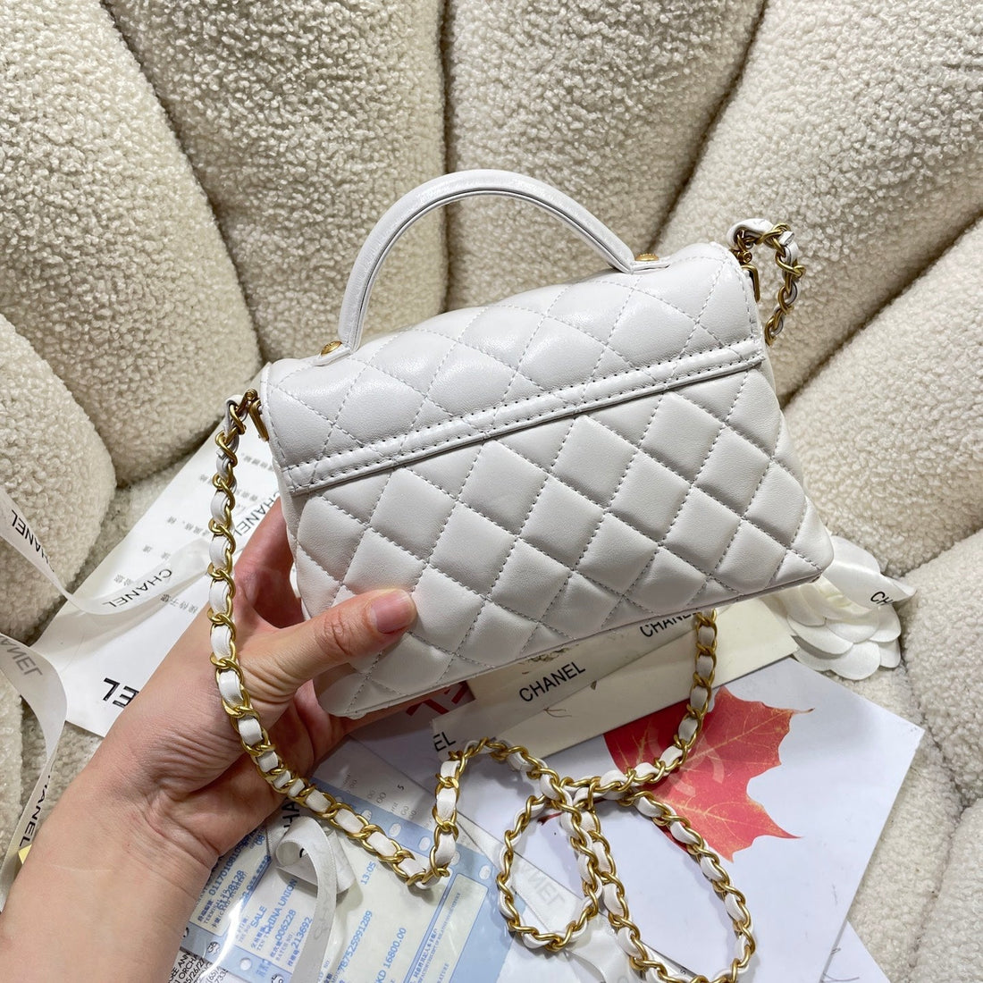 CC 25P Mini Flap Bag 20CM Top Handle Cream Calfskin Gold Hardware