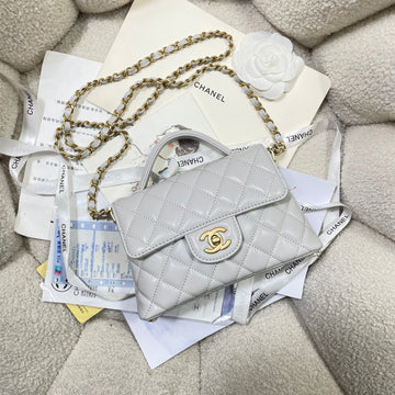 CC 25P Mini Flap Bag 20CM Top Handle Grey Calfskin Gold Hardware