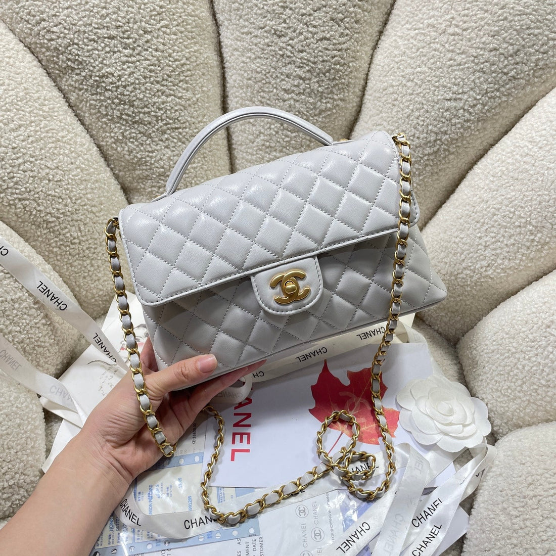 CC 25P Medium Flap Bag 25CM Top Handle Grey Calfskin Gold Hardware
