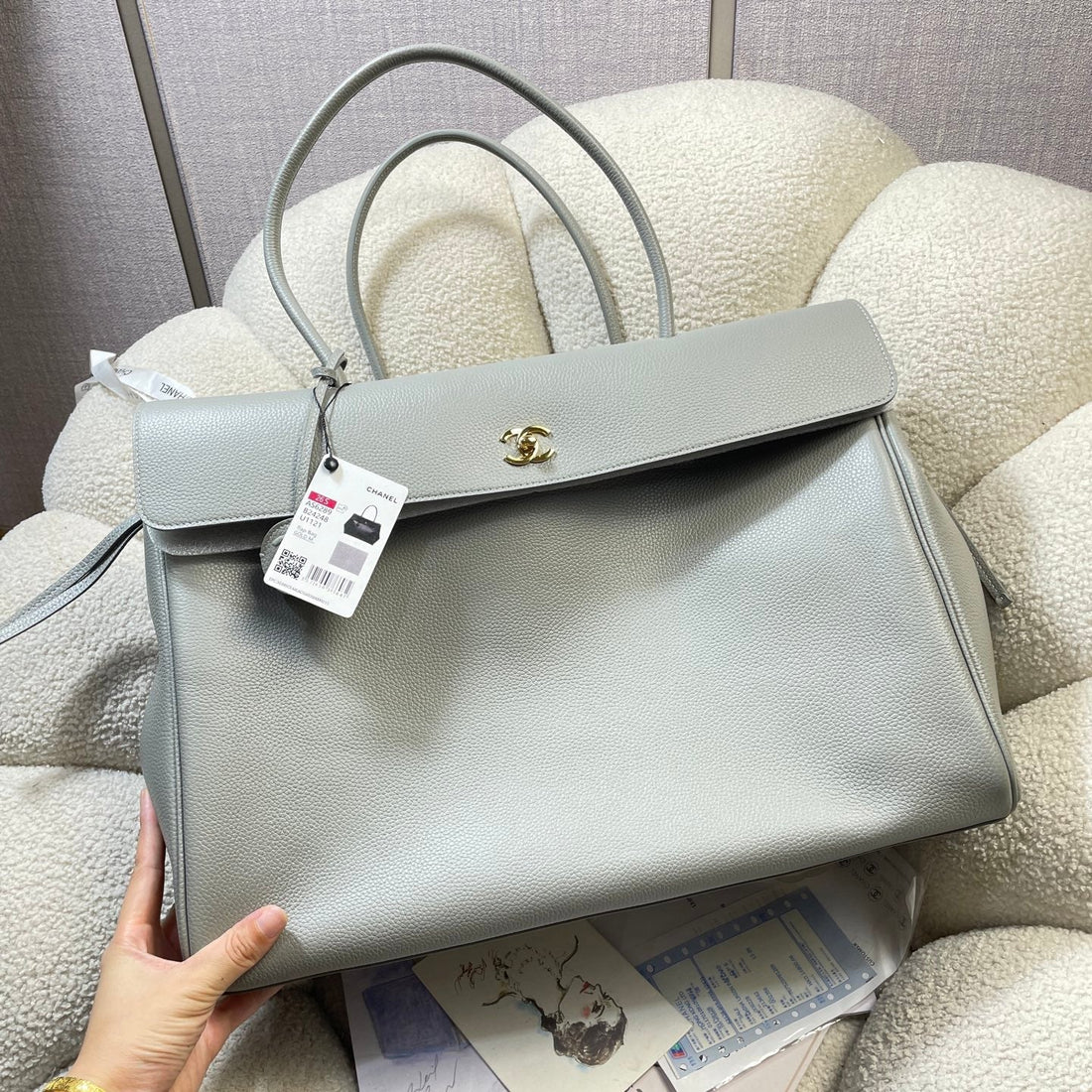 CC 26S Large Tote Bag Light Grey Grained Calfskin