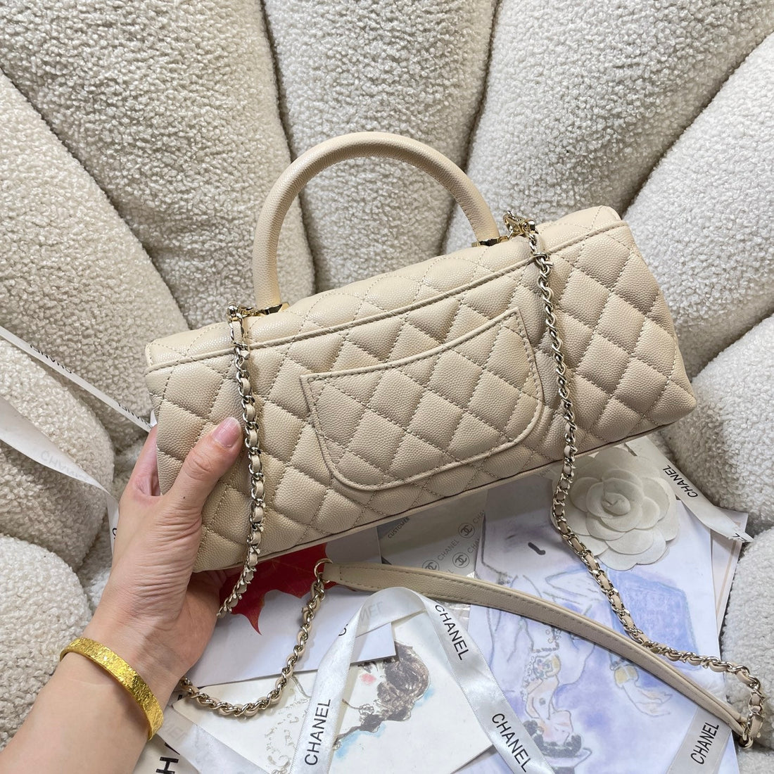 CC 26P Horizontal Coco Handle 30CM Beige Quited Caviar Leather