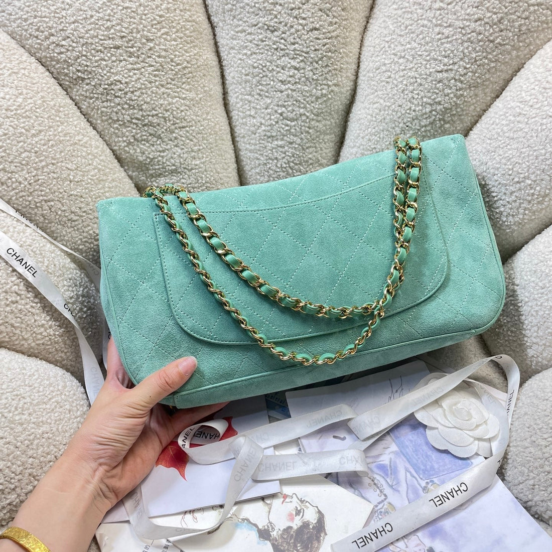 CC Shopping Tote Bag 33CM Seafoam Green Quilted Suede
