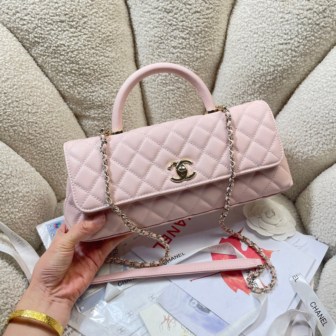 CC Maxi Flap Bag With Top Handle 31.5cm Light Pink Quited Caviar Leather