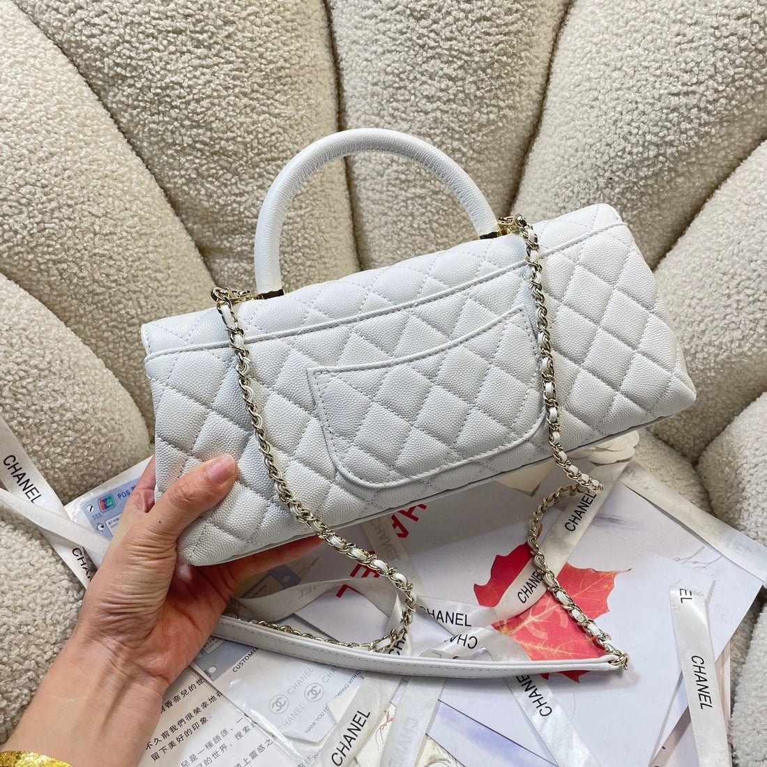 CC Maxi Flap Bag With Top Handle 31.5cm White Quited Caviar Leather