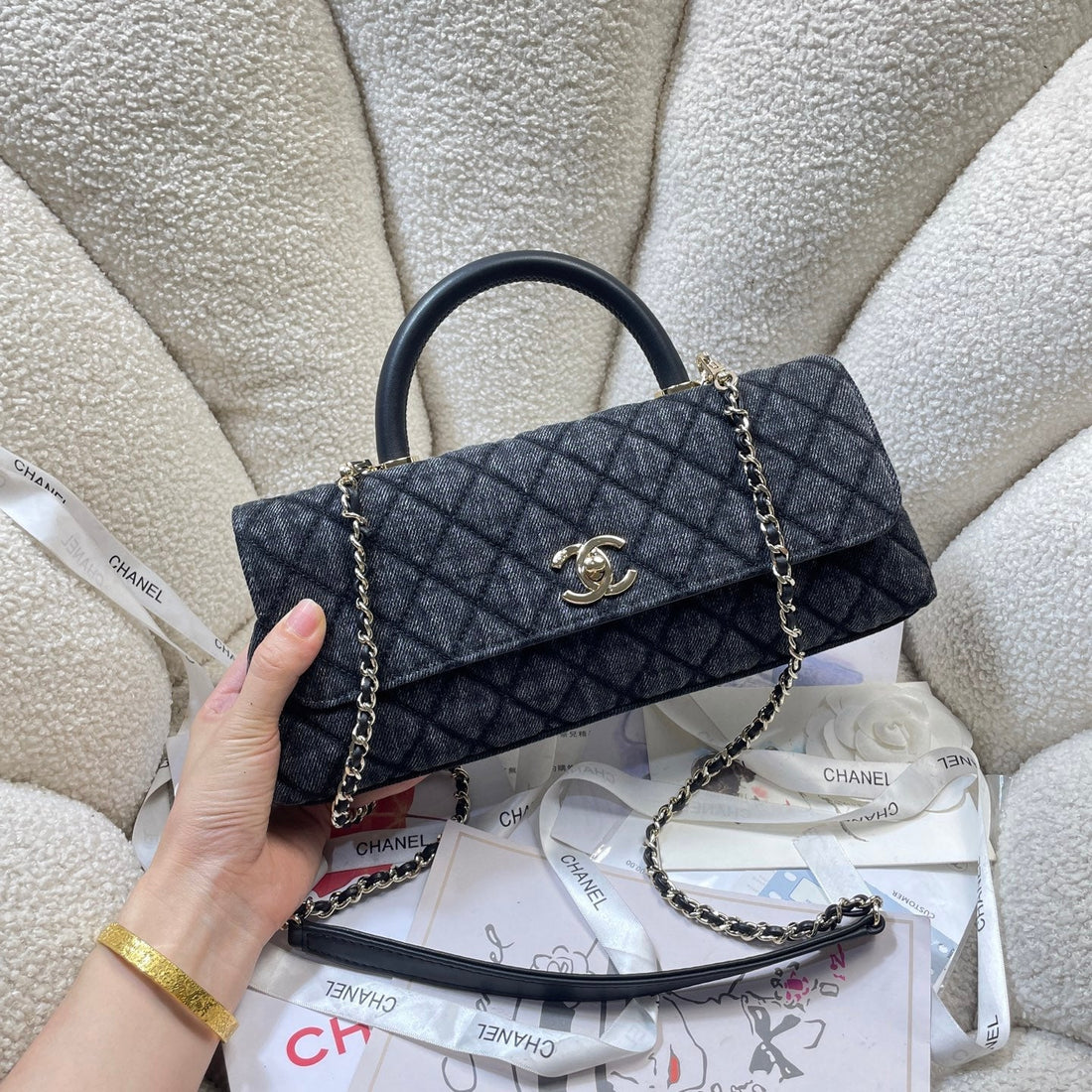 CC Maxi Flap Bag With Top Handle 31CM Black Denim