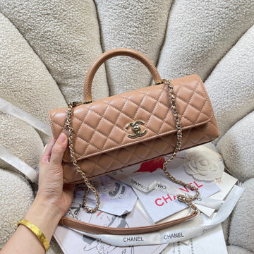 CC Maxi Flap Bag With Top Handle 31CM Tan Quited Caviar Leather