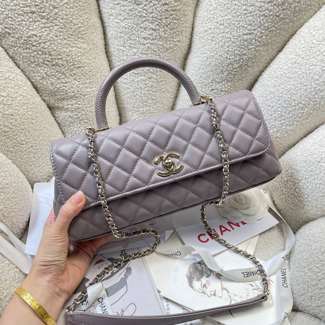 CC Maxi Flap Bag With Top Handle 31CM Light Slate Gray Quited Caviar Leather