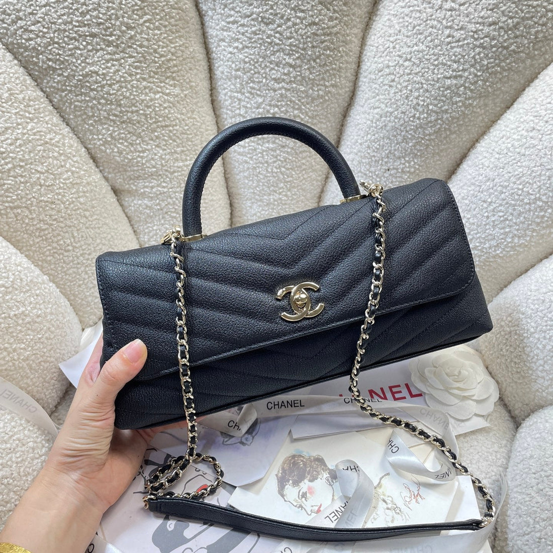 CC Maxi Flap Bag With Top Handle 31.5cm Black Goatskin