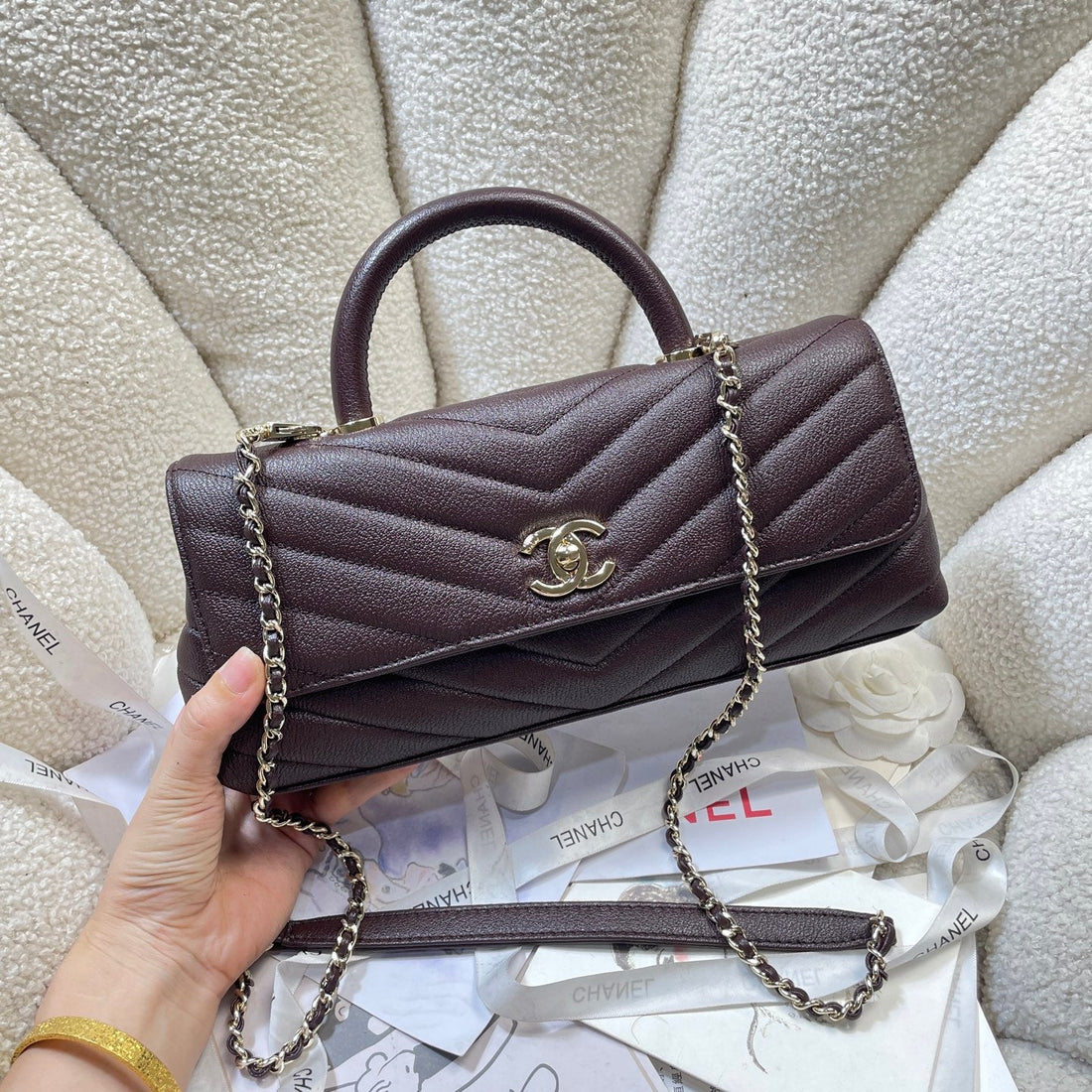 CC Maxi Flap Bag With Top Handle 31CM Coffee Goatskin