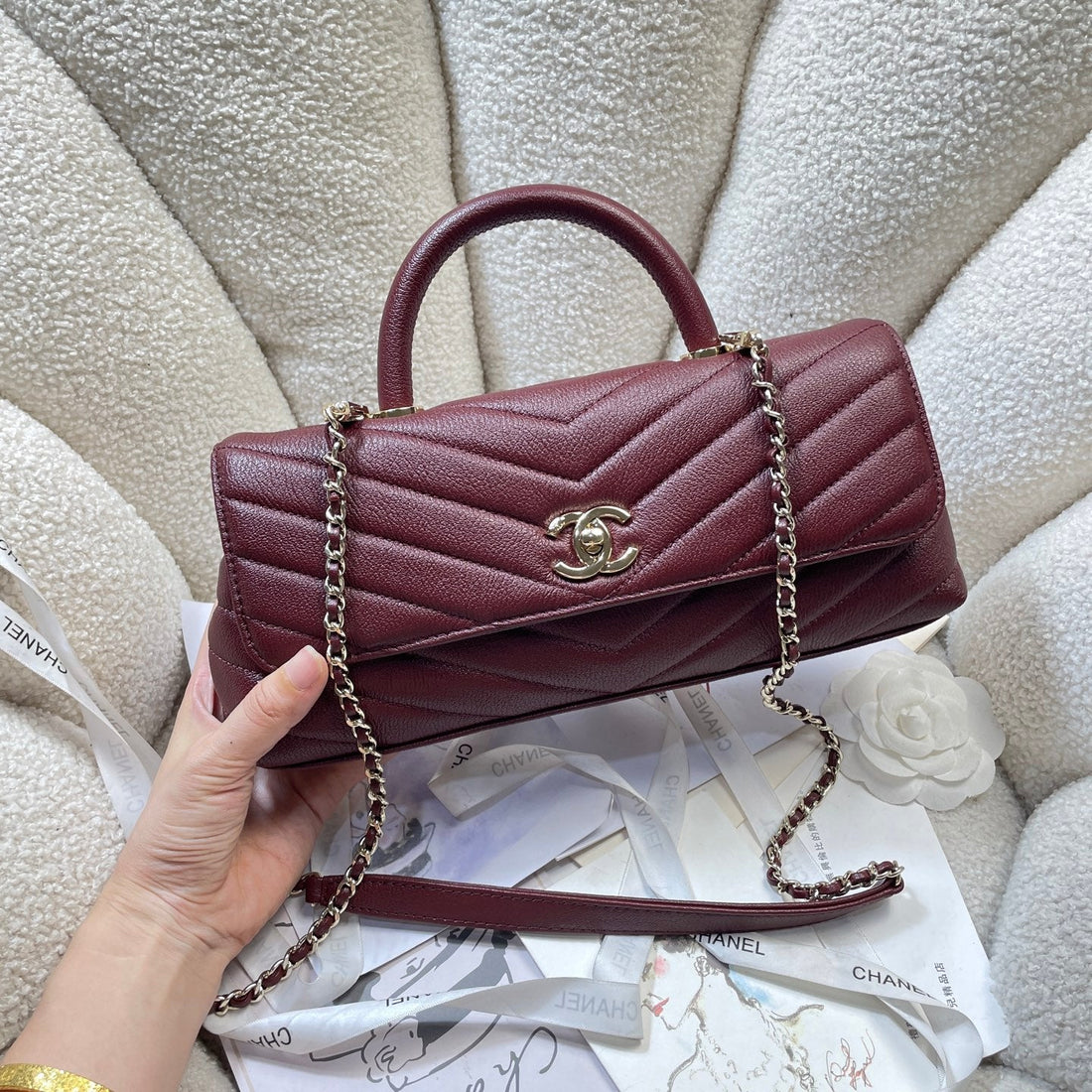 CC Maxi Flap Bag With Top Handle 31CM Burgundy Goatskin