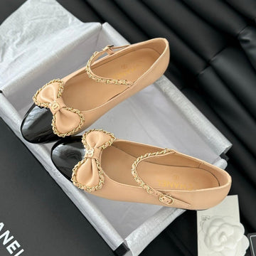 CC Ballet Flats In Sepia Beige Lambskin With Gold Hardware