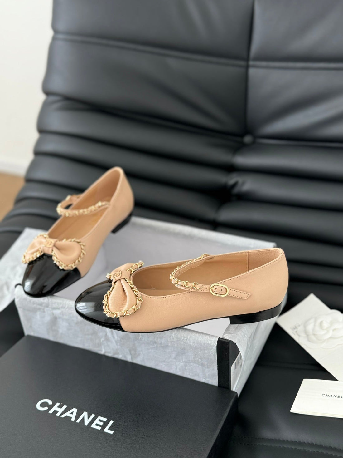 CC Ballet Flats In Sepia Beige Lambskin With Gold Hardware