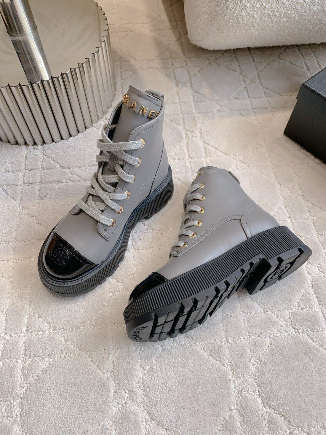 CC 24 Combat Boots 50MM Grey Black Calfskin & Sheepskin 404288