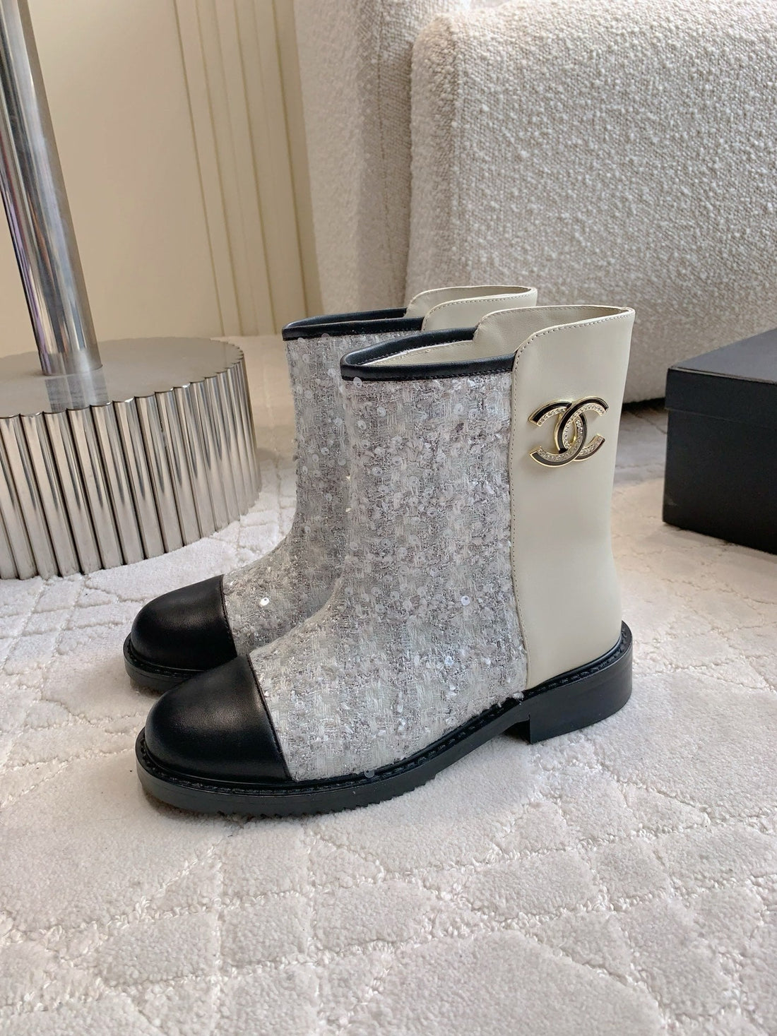 CC Ankle Boot 30MM Slight Beige Cowhide Sliver Glitter 464578