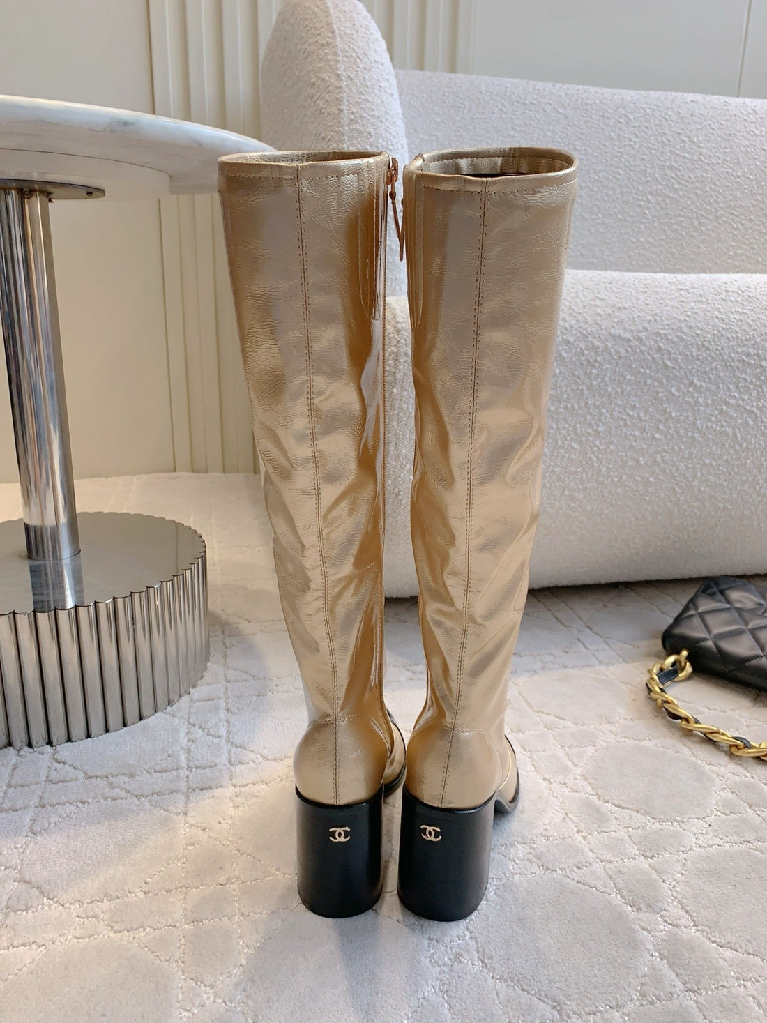 CC 25 Heeled Long Boot Light Gold Mix Black Patent Leather 516681