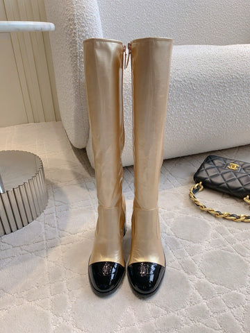 CC 25 Heeled Long Boot Light Gold Mix Black Patent Leather 516681