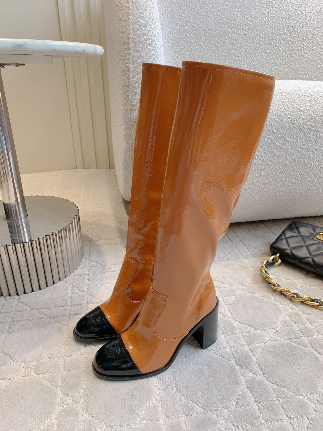 CC 25 Heeled Long Boot Caramel Brown Mix Black Patent Leather 516682